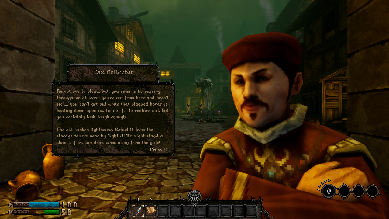 Screenshot from GRAVEN showing the Tax Collector giving The Priest a quest