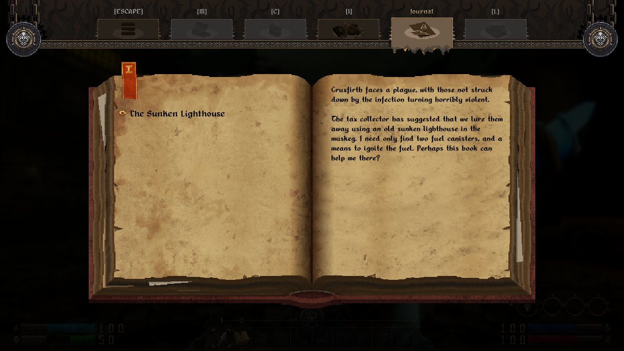 Screenshot from GRAVEN showing The Priest's journal